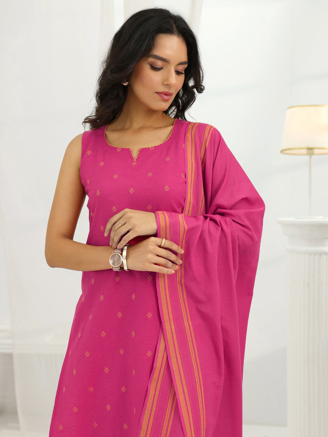 Pink Woven Design Cotton Blend Straight Suit Set With Dupatta 