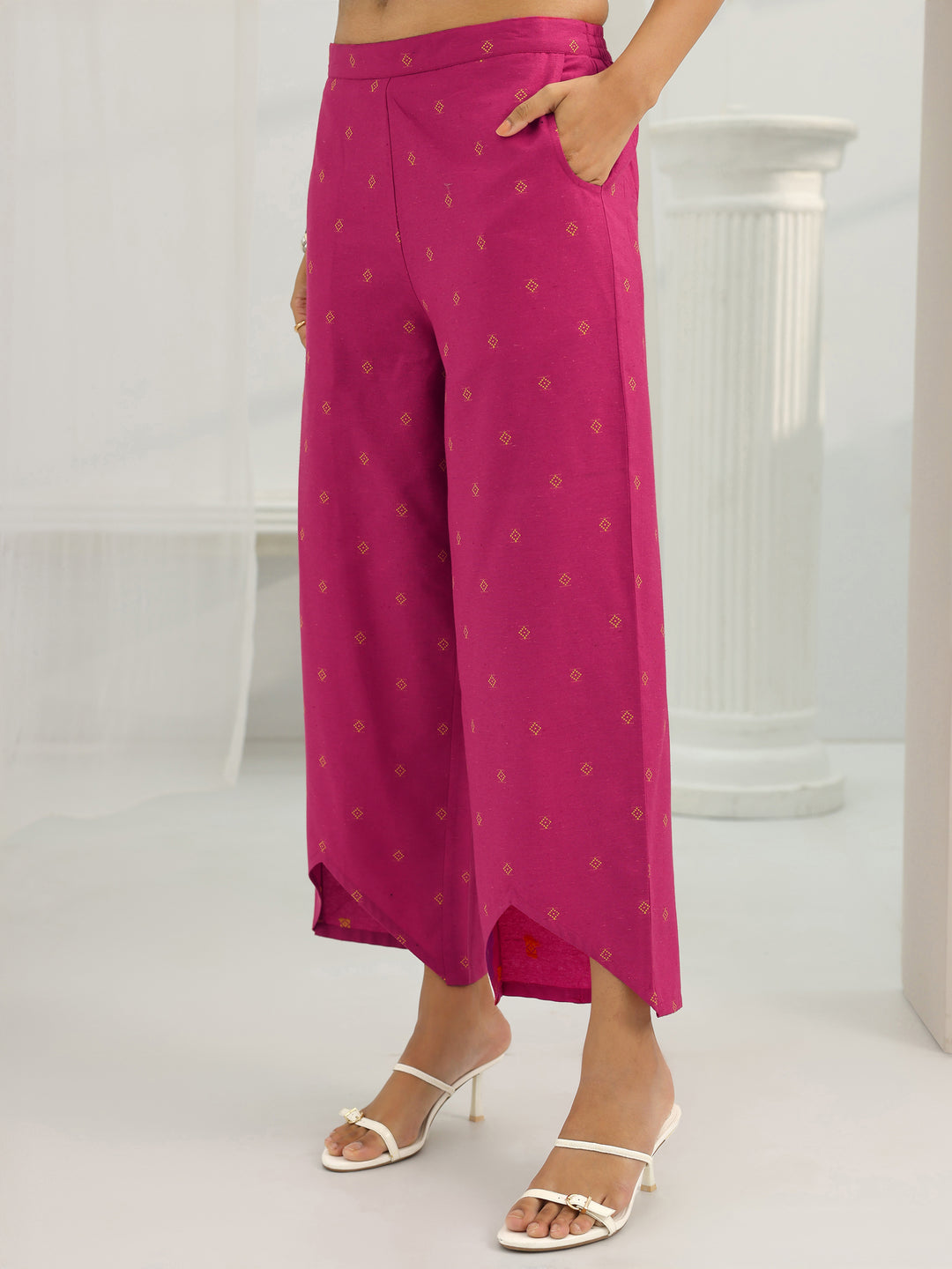  Pink Woven Design Cotton Blend Straight Suit Set With Dupatta 