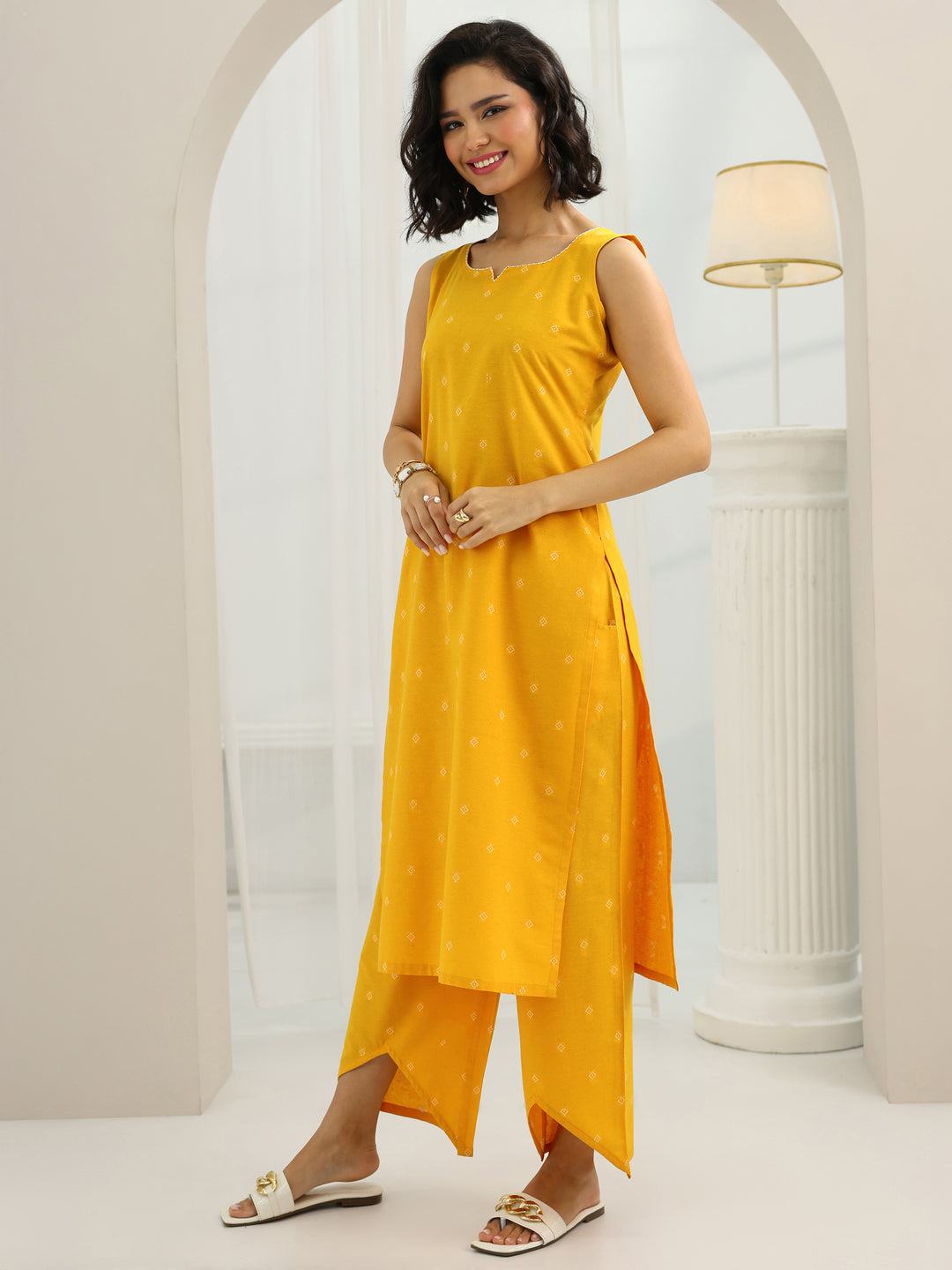  Yellow Woven Design Cotton Blend Straight Suit Set With Dupatta 