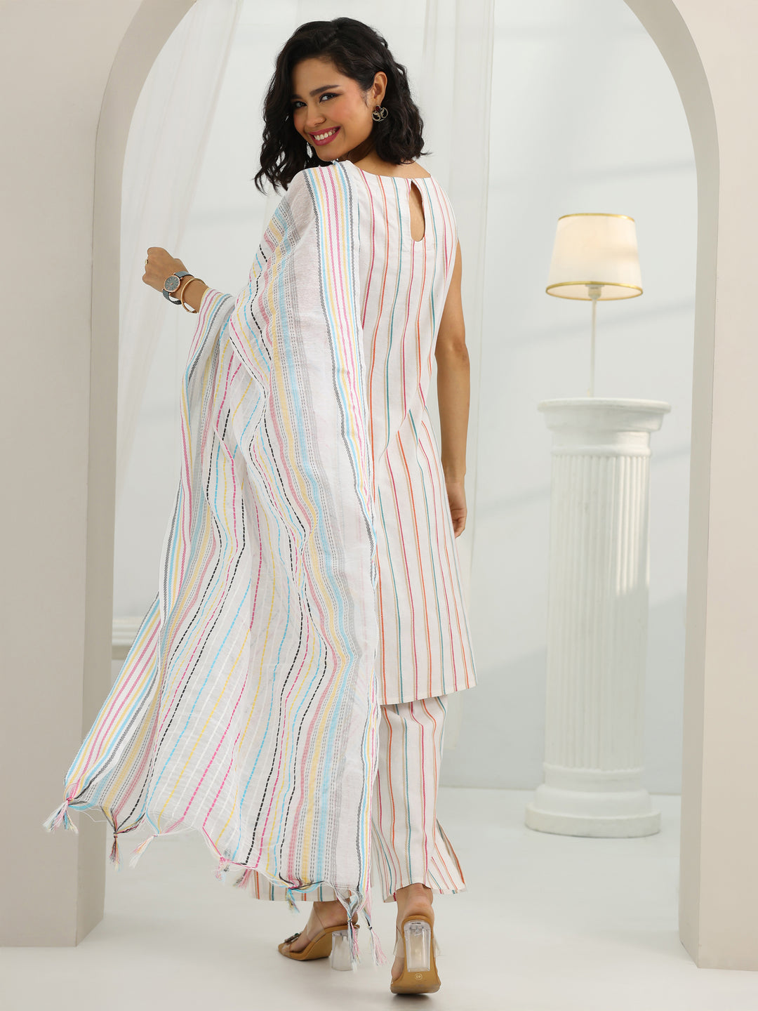  White Woven Design Cotton Blend Straight Suit Set With Dupatta 