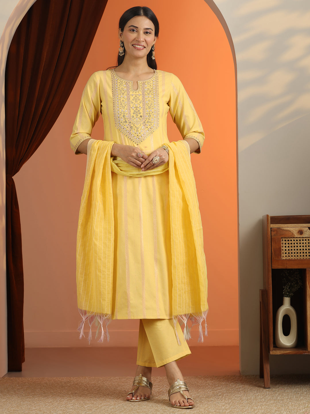  Yellow Embroidered Cotton Blend Straight Suit Set With Dupatta 