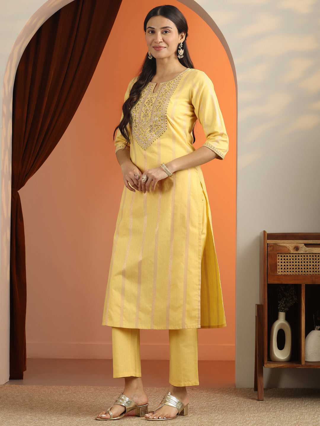  Yellow Embroidered Cotton Blend Straight Suit Set With Dupatta 