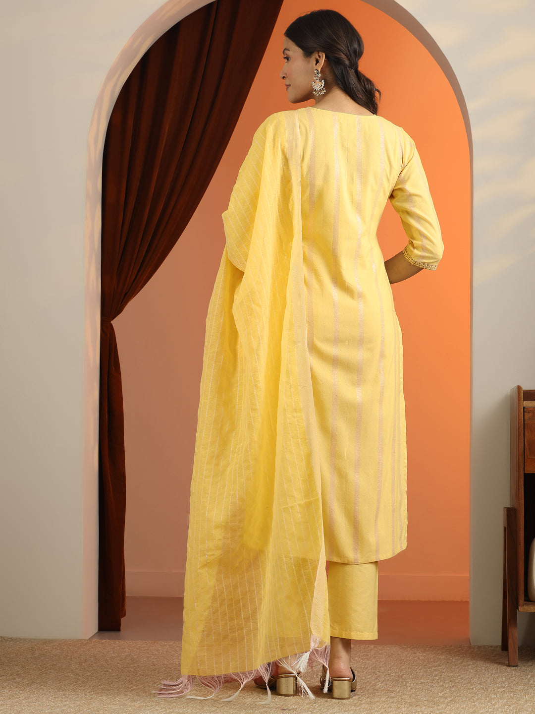  Yellow Embroidered Cotton Blend Straight Suit Set With Dupatta 