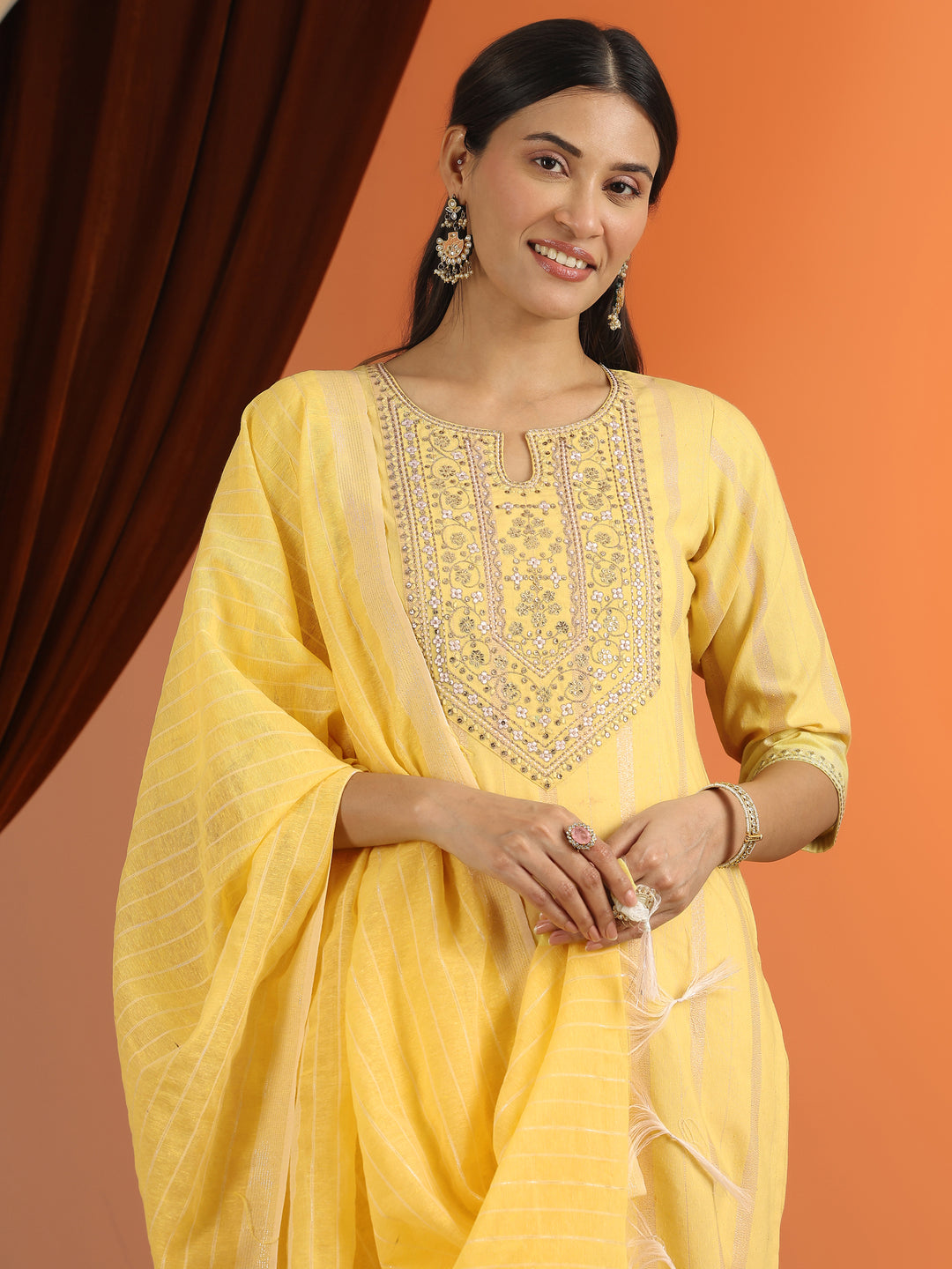  Yellow Embroidered Cotton Blend Straight Suit Set With Dupatta 