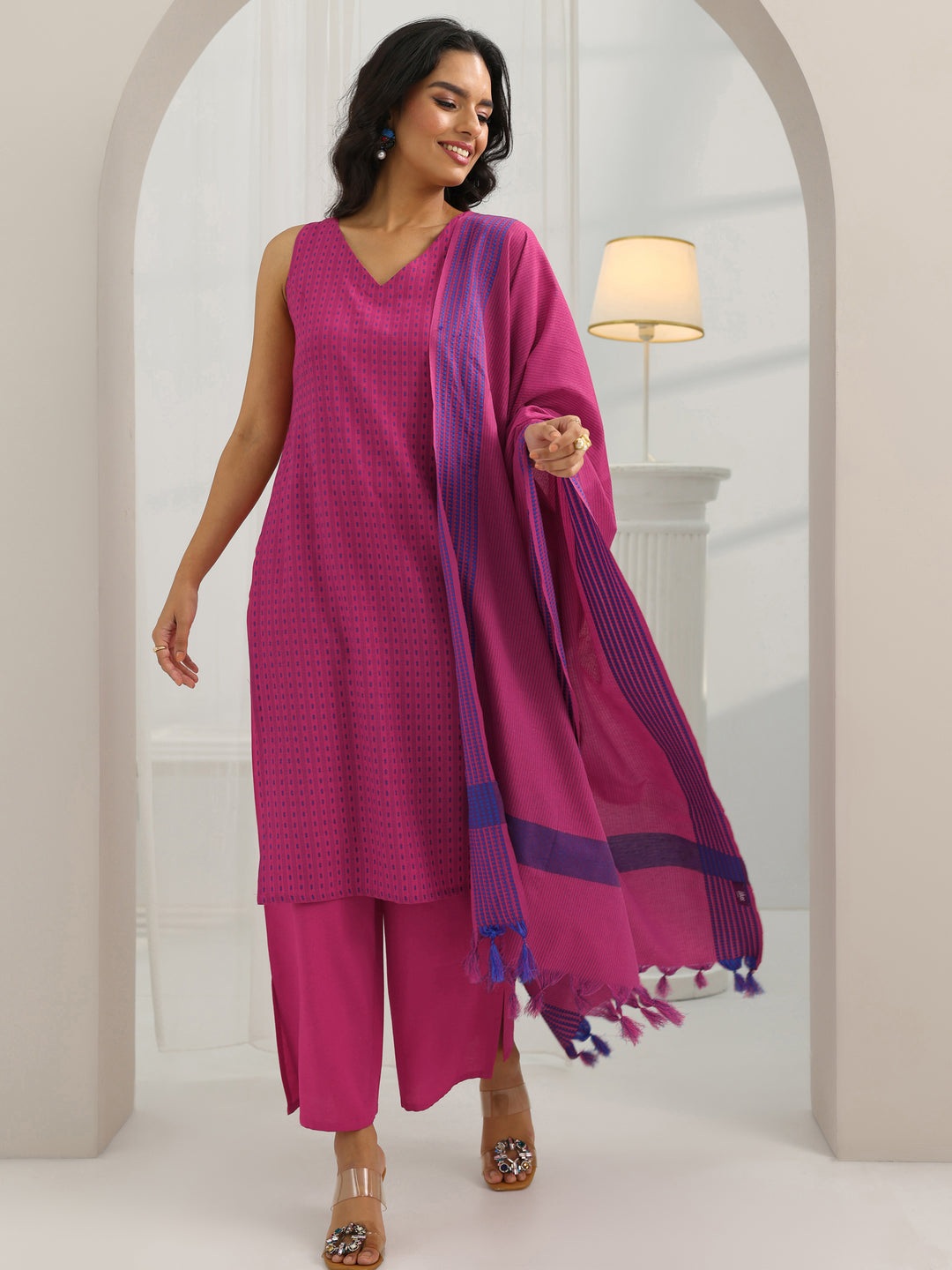  Pink Woven Design Cotton Blend Straight Suit Set With Dupatta 