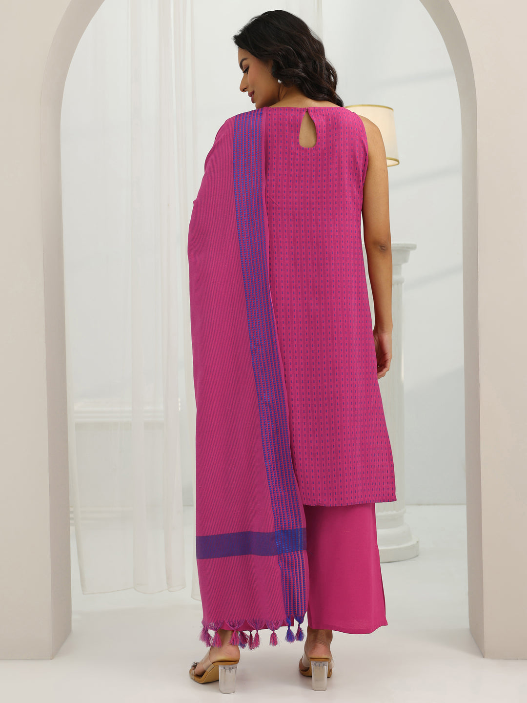  Pink Woven Design Cotton Blend Straight Suit Set With Dupatta 