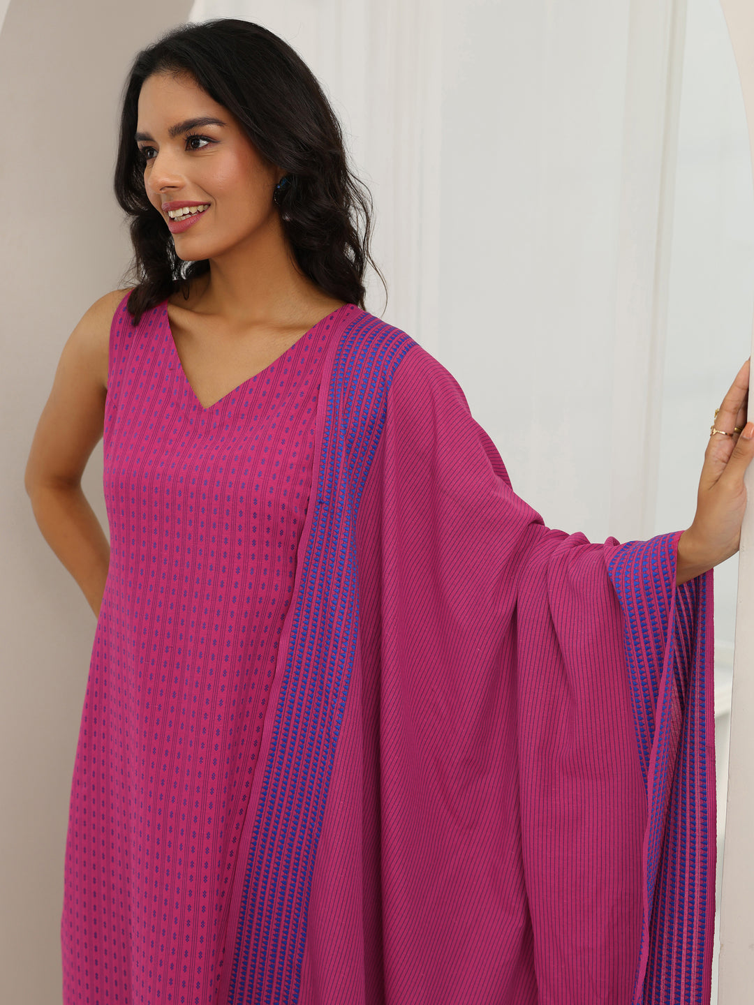  Pink Woven Design Cotton Blend Straight Suit Set With Dupatta 