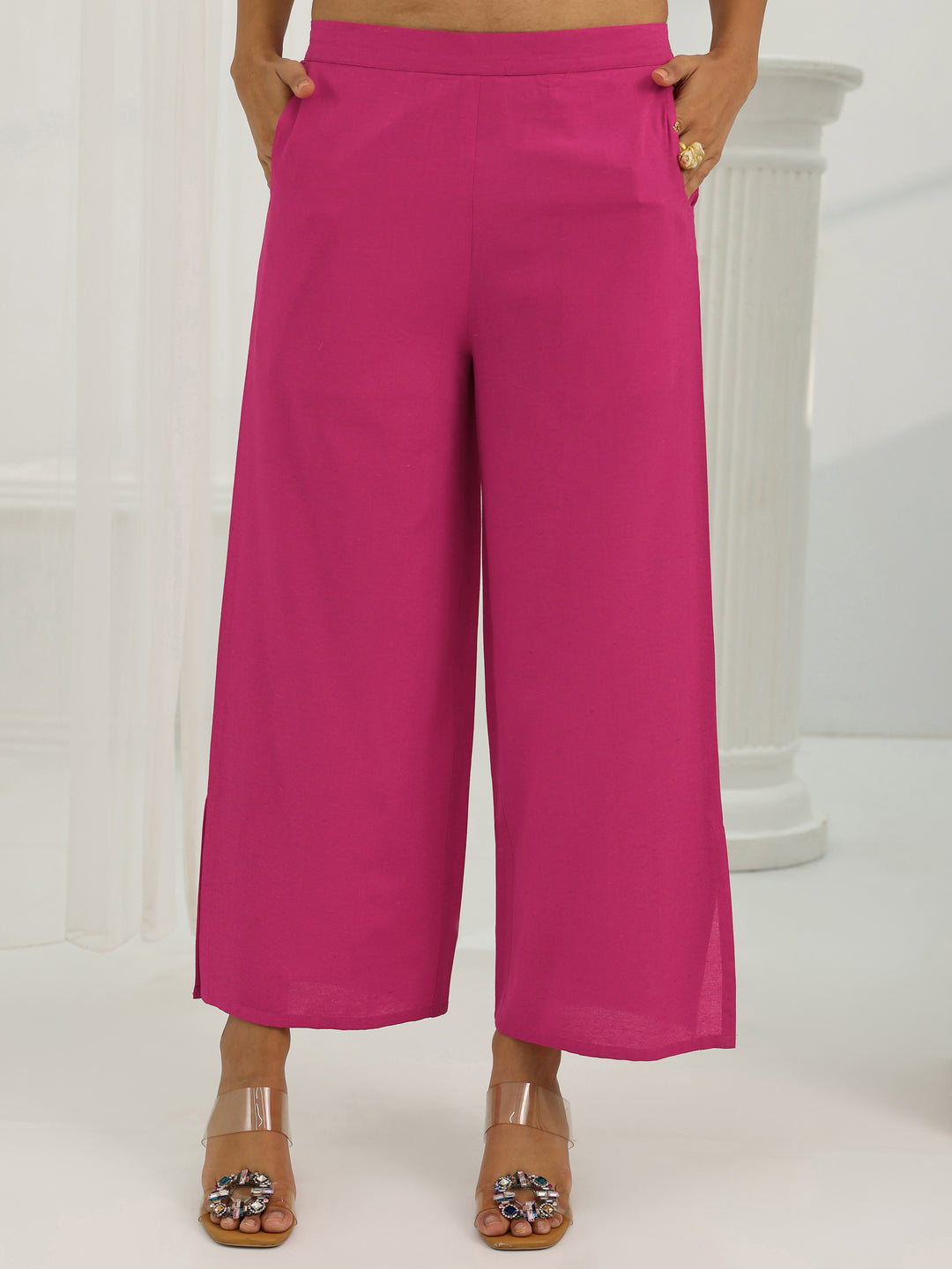  Pink Woven Design Cotton Blend Straight Suit Set With Dupatta 