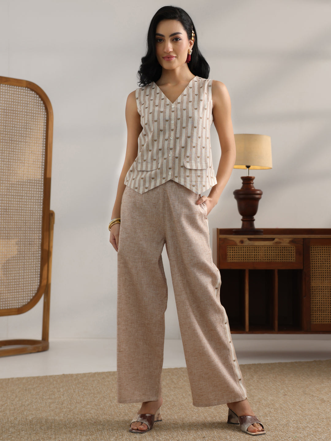  Brown Striped Printed Co-Ord Set 