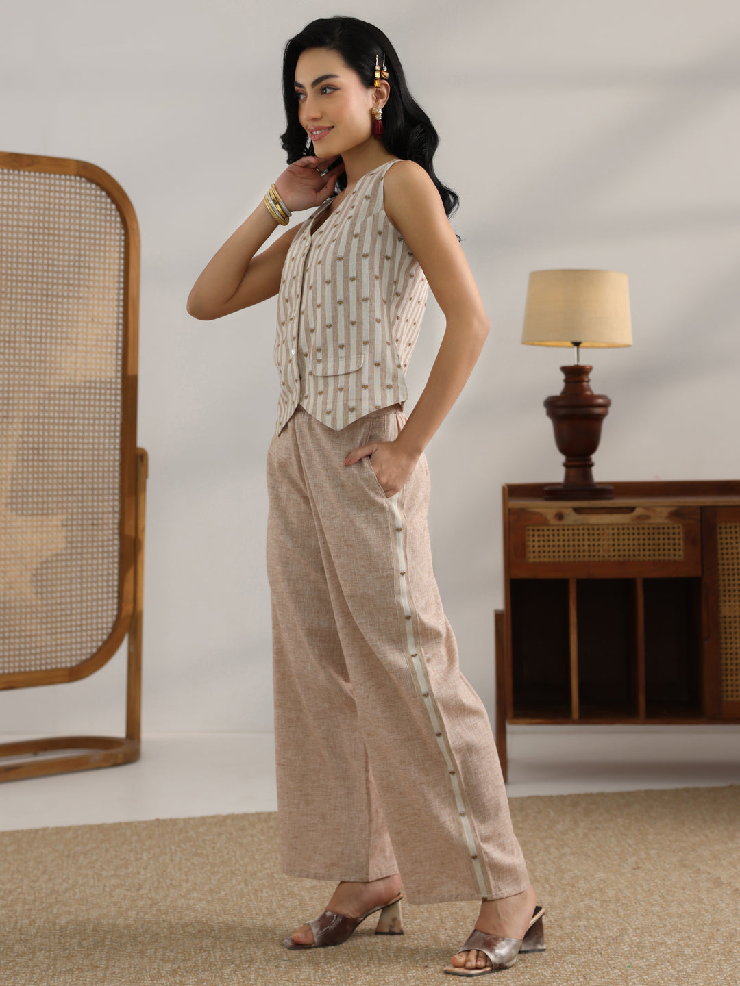  Brown Striped Printed Co-Ord Set 