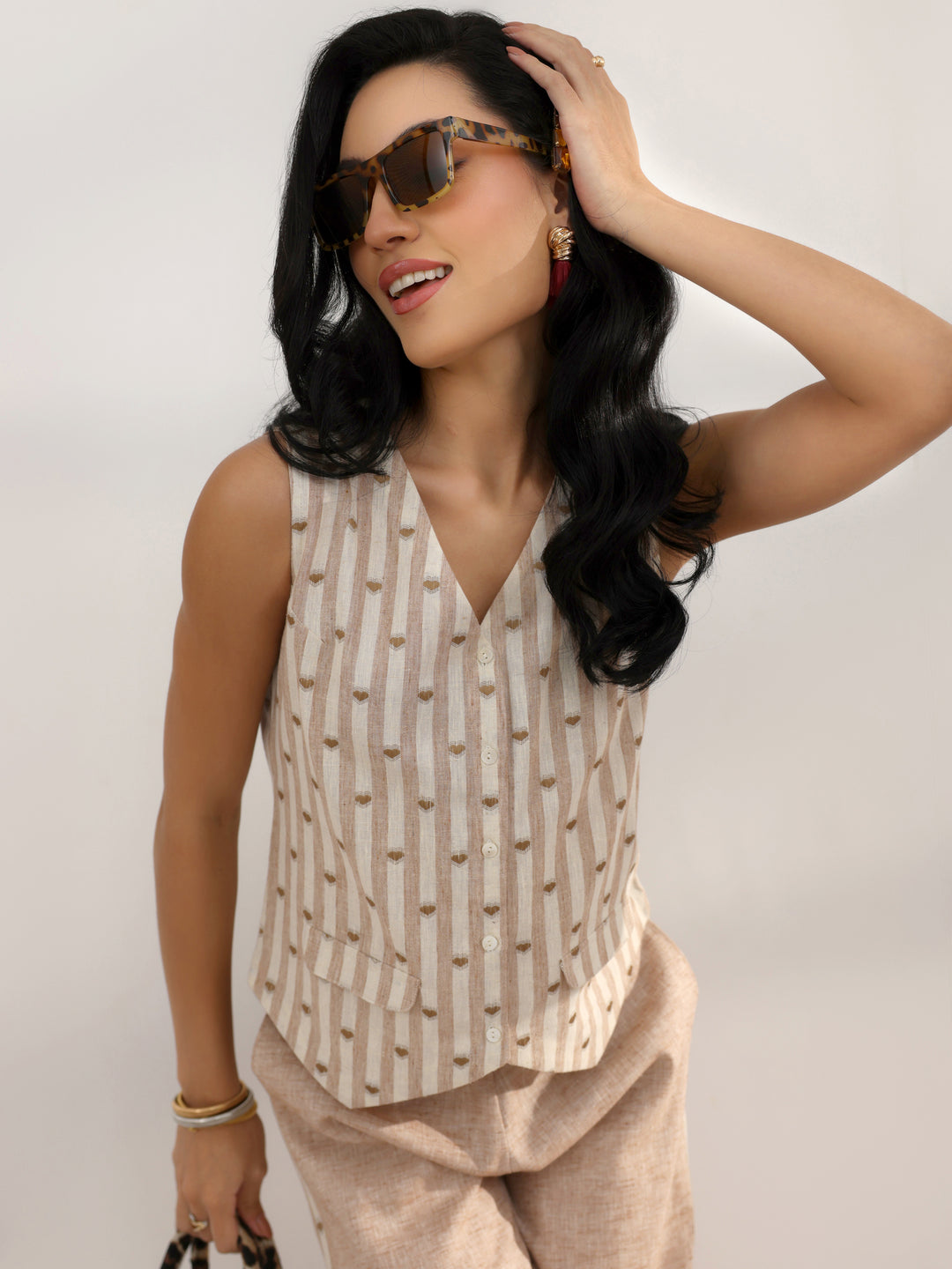  Brown Striped Printed Co-Ord Set 