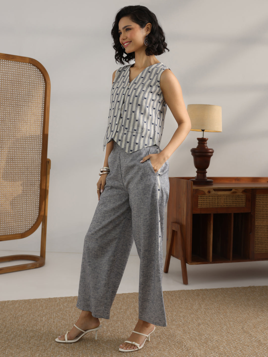  Grey Striped Printed Co-Ord Set 