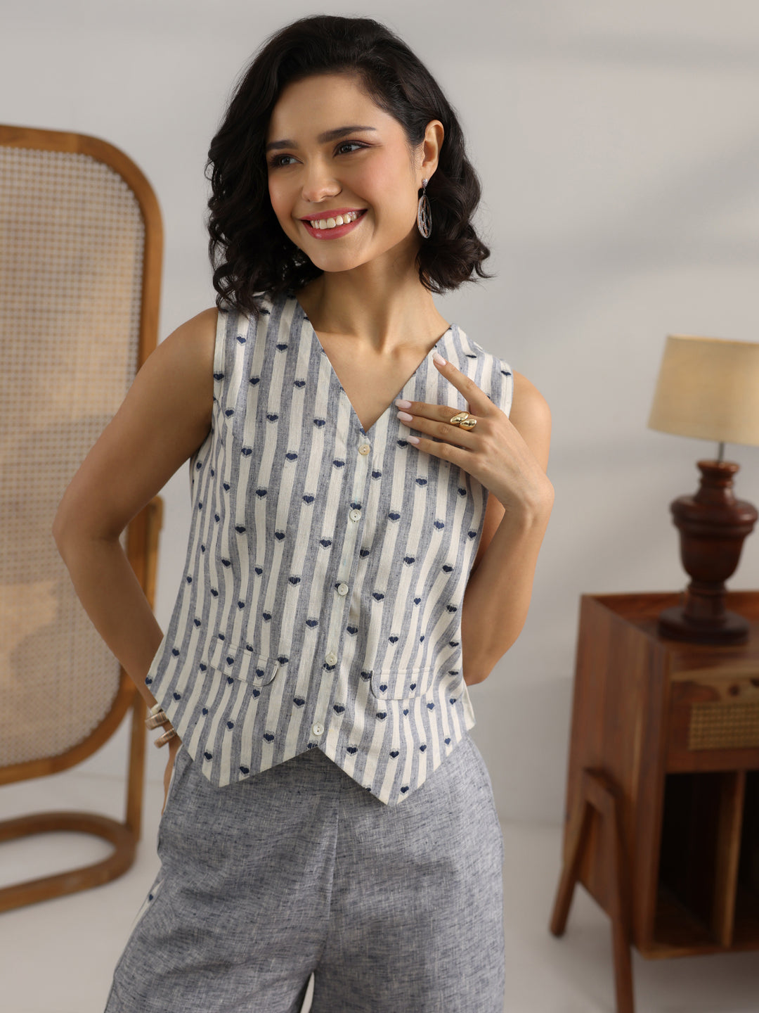  Grey Striped Printed Co-Ord Set 