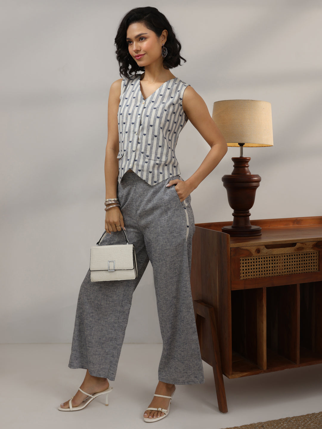  Grey Striped Printed Co-Ord Set 