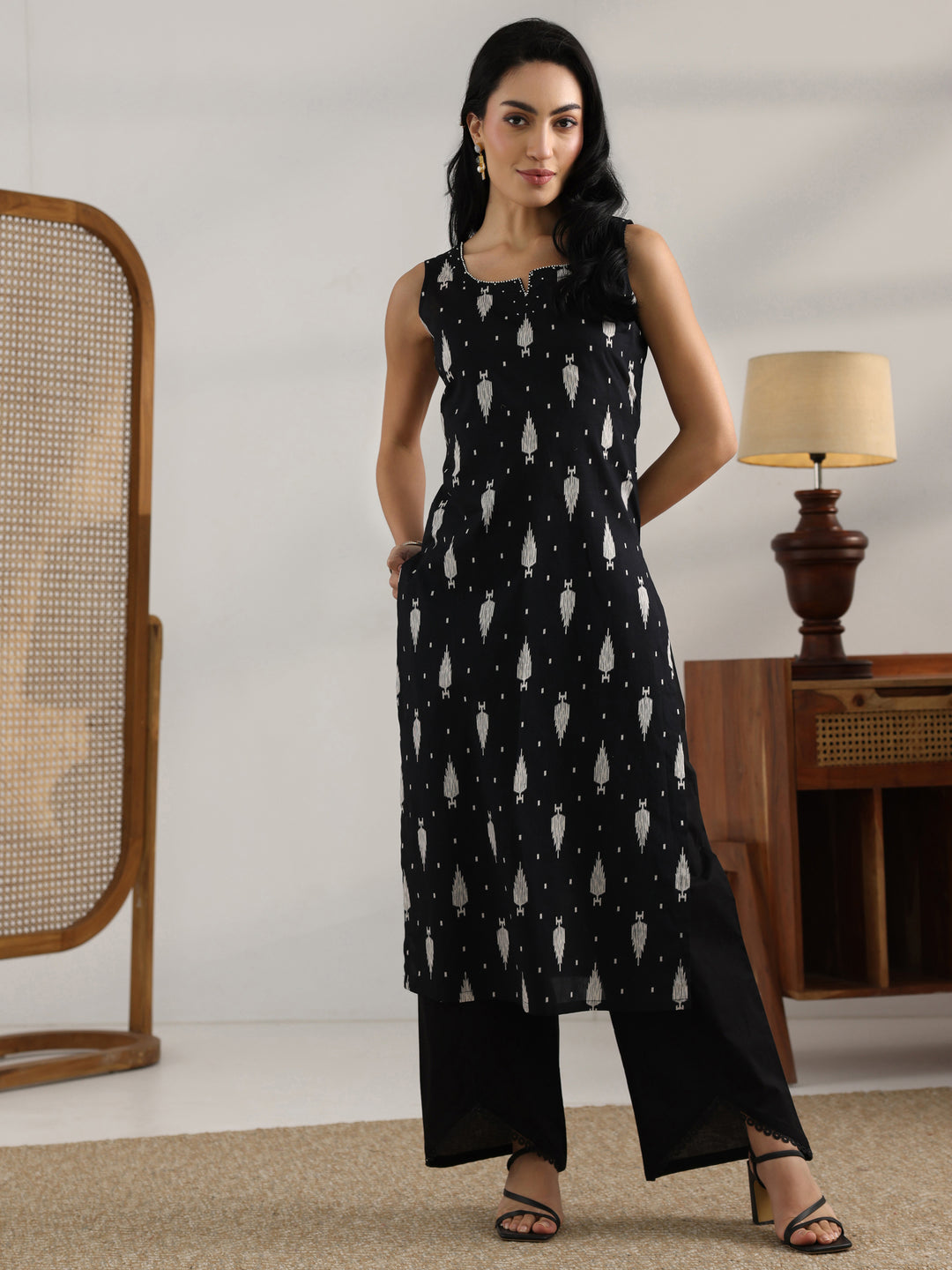  Black Printed Cotton Straight Kurta Set 