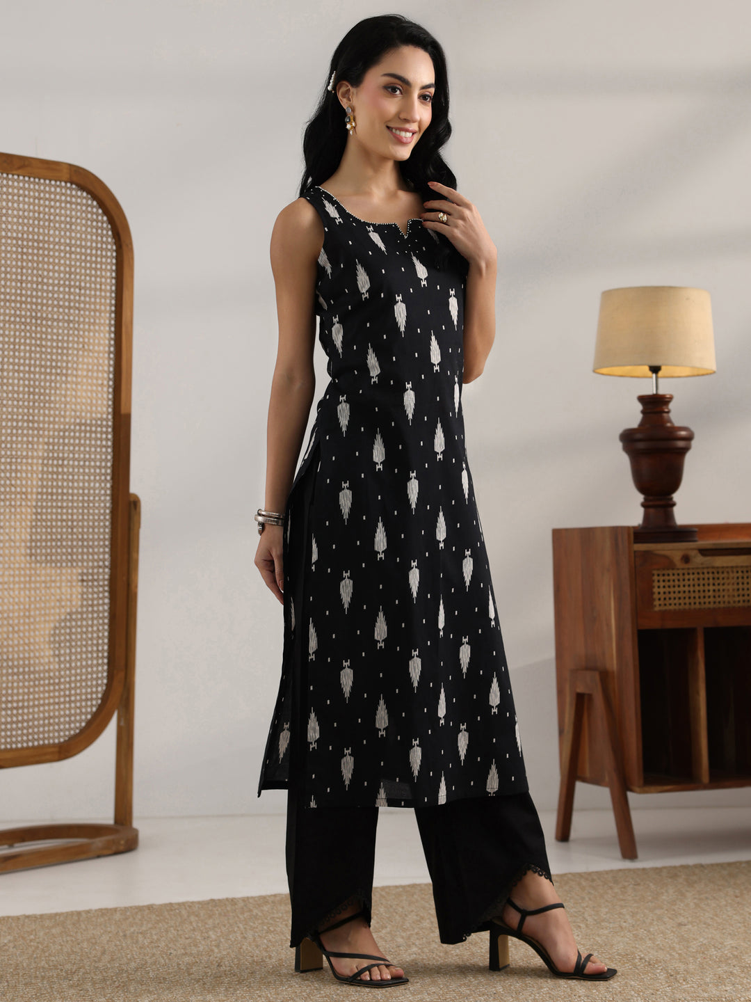  Black Printed Cotton Straight Kurta Set 