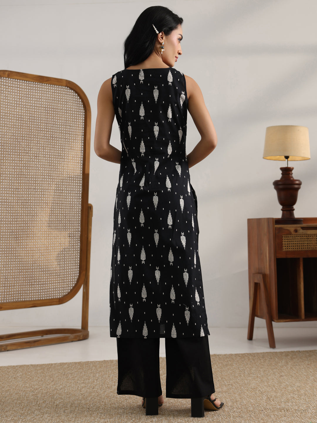  Black Printed Cotton Straight Kurta Set 