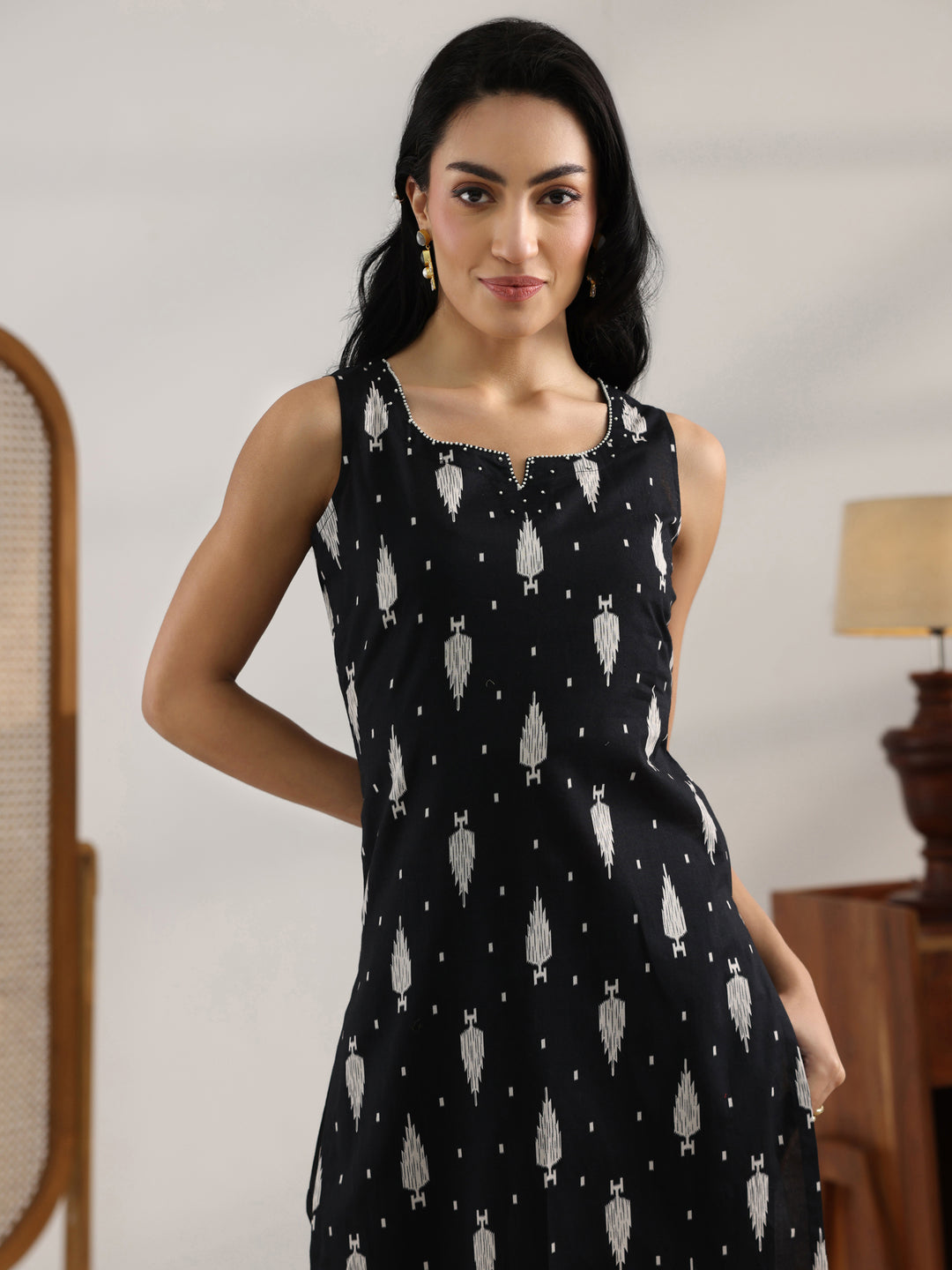  Black Printed Cotton Straight Kurta Set 