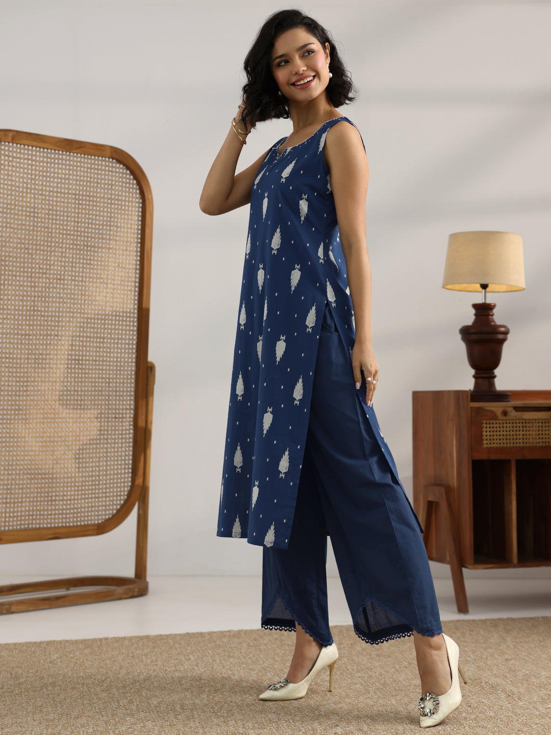  Blue Printed Cotton Straight Kurta Set 