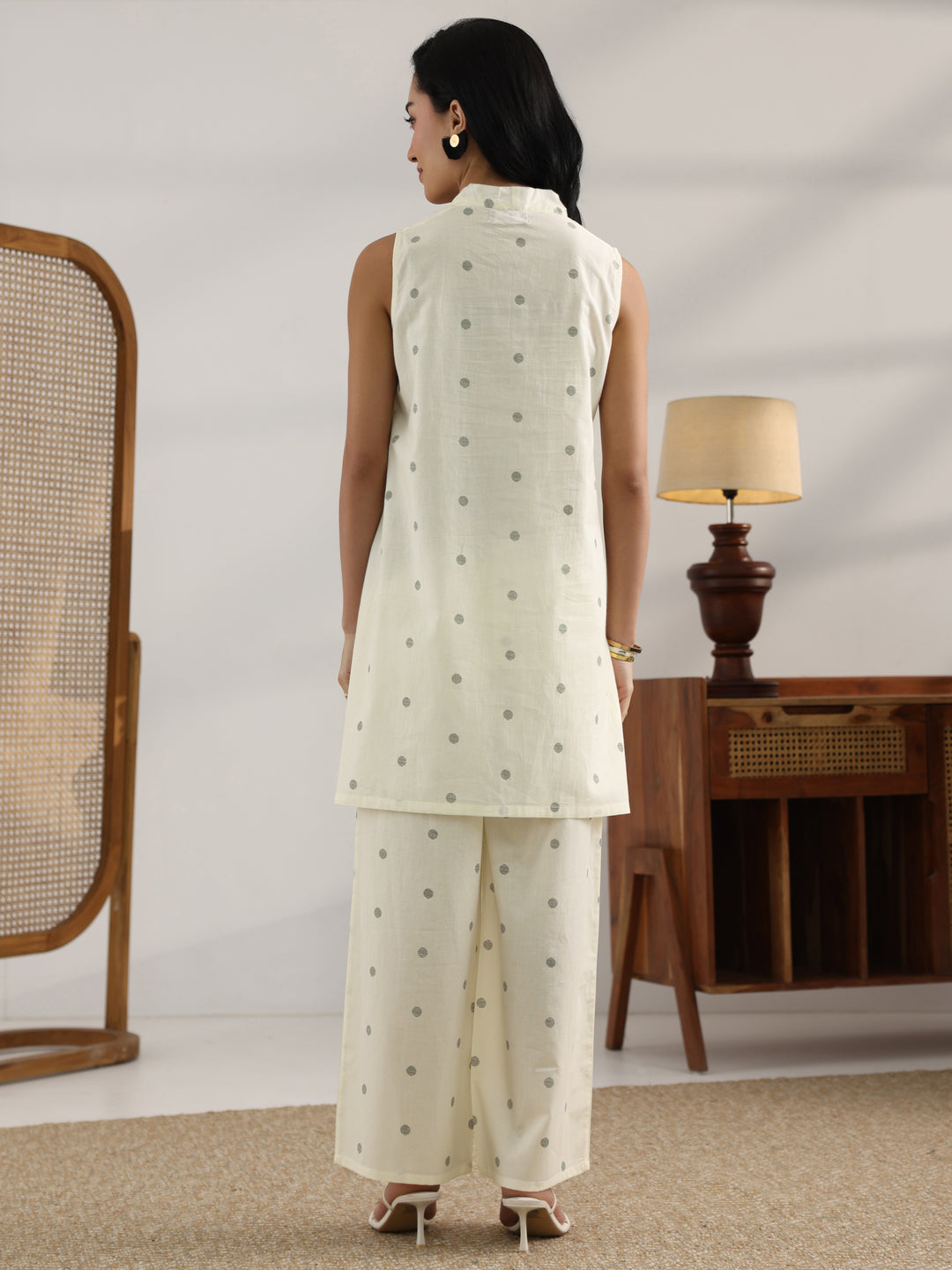  Off White Printed Cotton Straight Kurta Set 