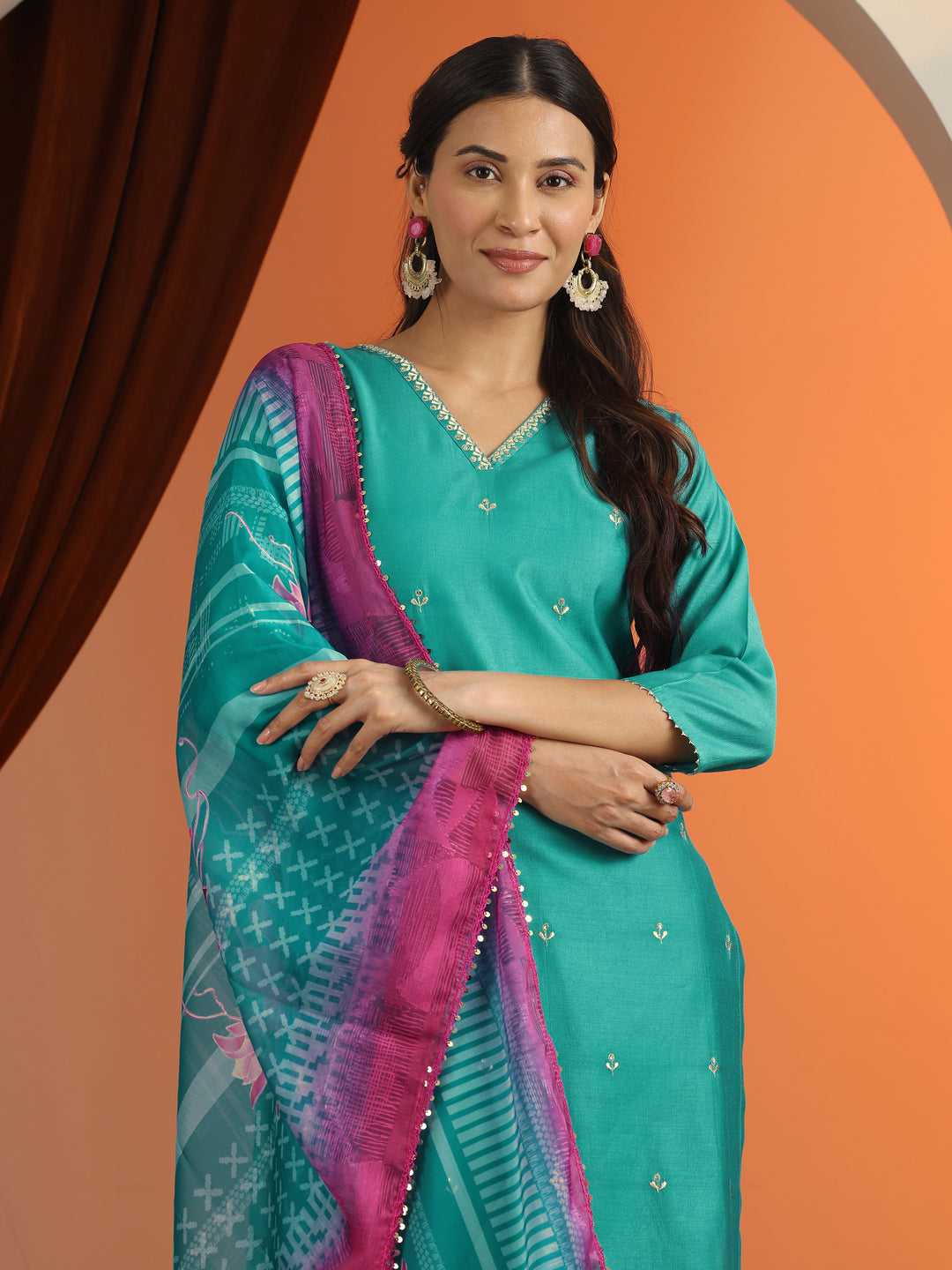 Blue Embroidered Silk Blend Straight Suit Set With Dupatta 