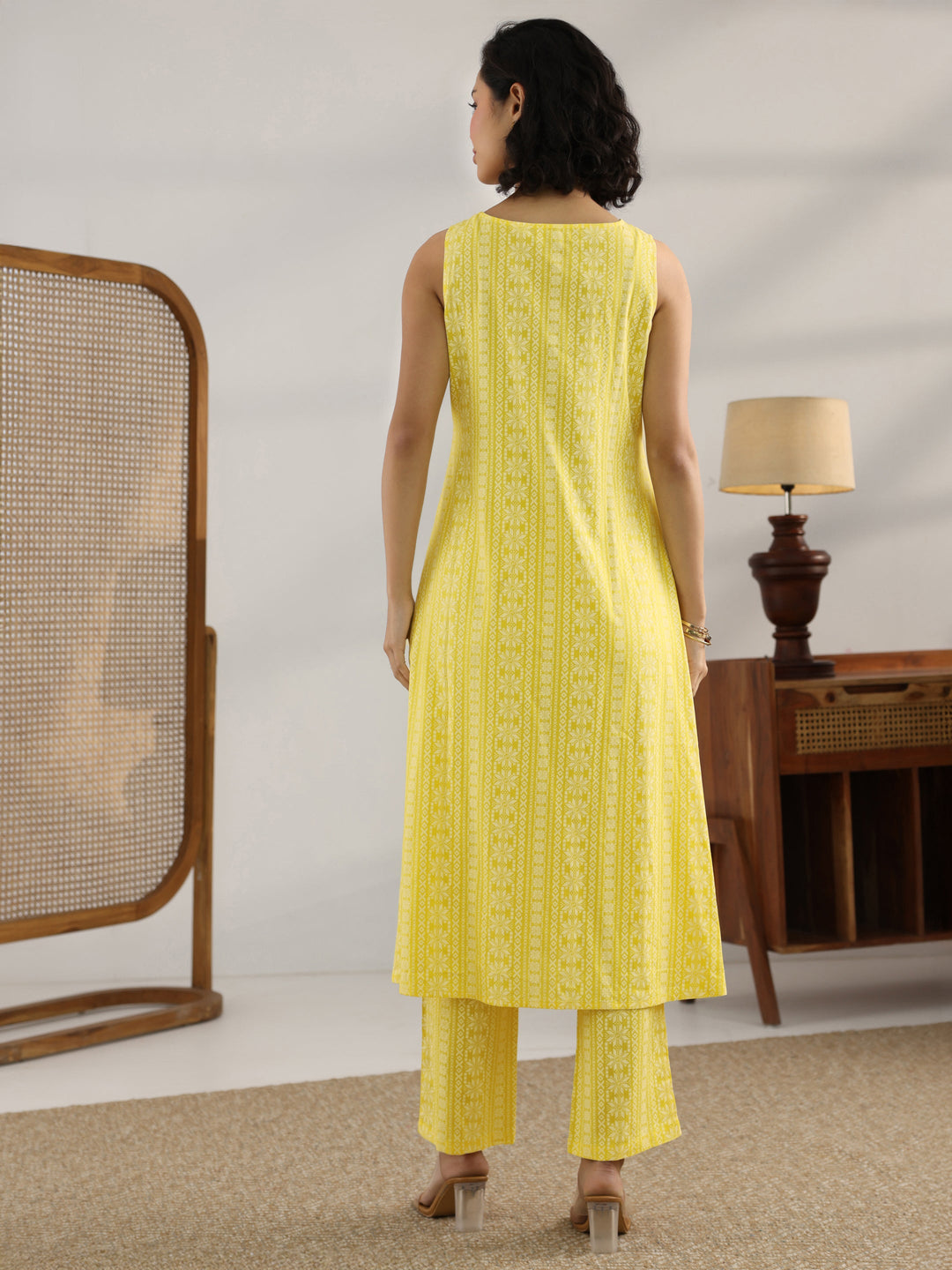  Yellow Printed Rayon A-Line Kurta Set 