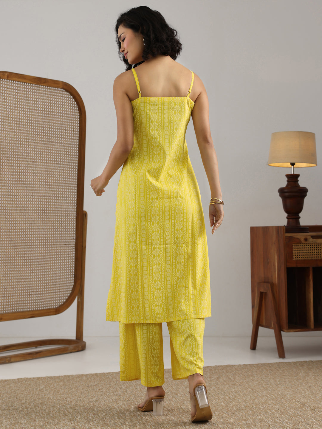  Yellow Printed Rayon A-Line Kurta Set 