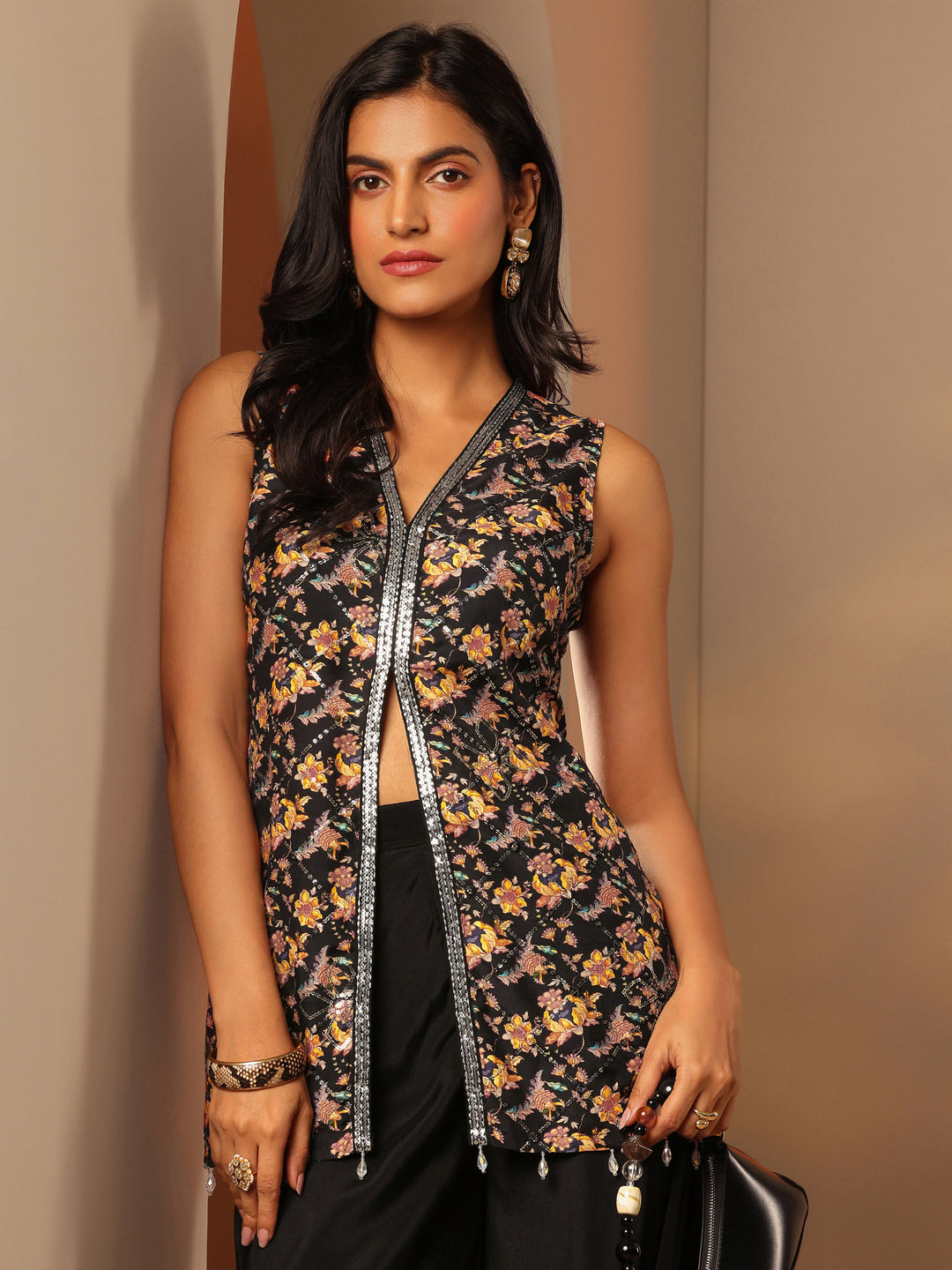  Black Printed Silk Blend Straight Kurta Set 