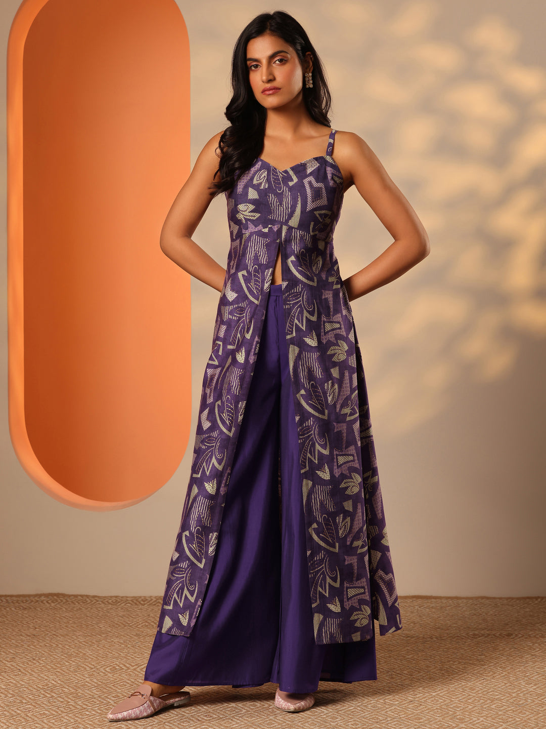  Purple Printed Silk Blend Straight Kurta Set 