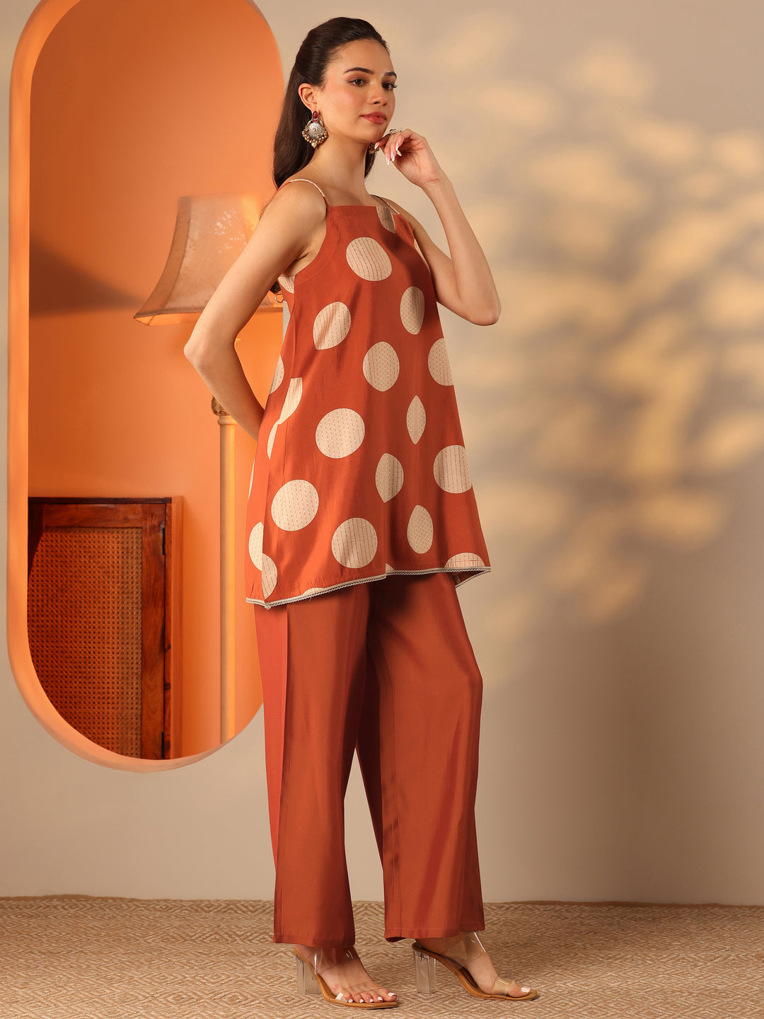  Rust Printed Silk Blend A-Line Kurta Set 