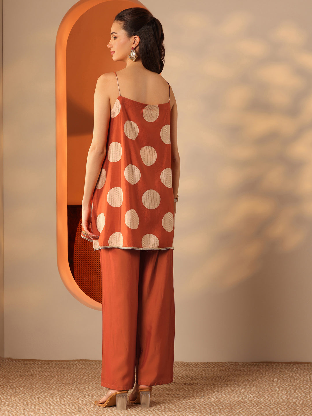  Rust Printed Silk Blend A-Line Kurta Set 