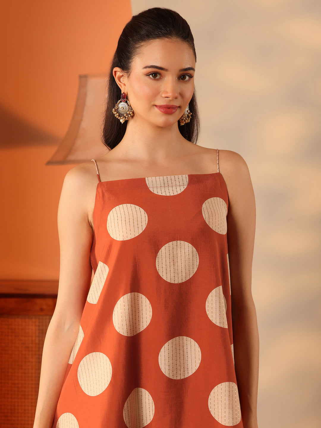  Rust Printed Silk Blend A-Line Kurta Set 