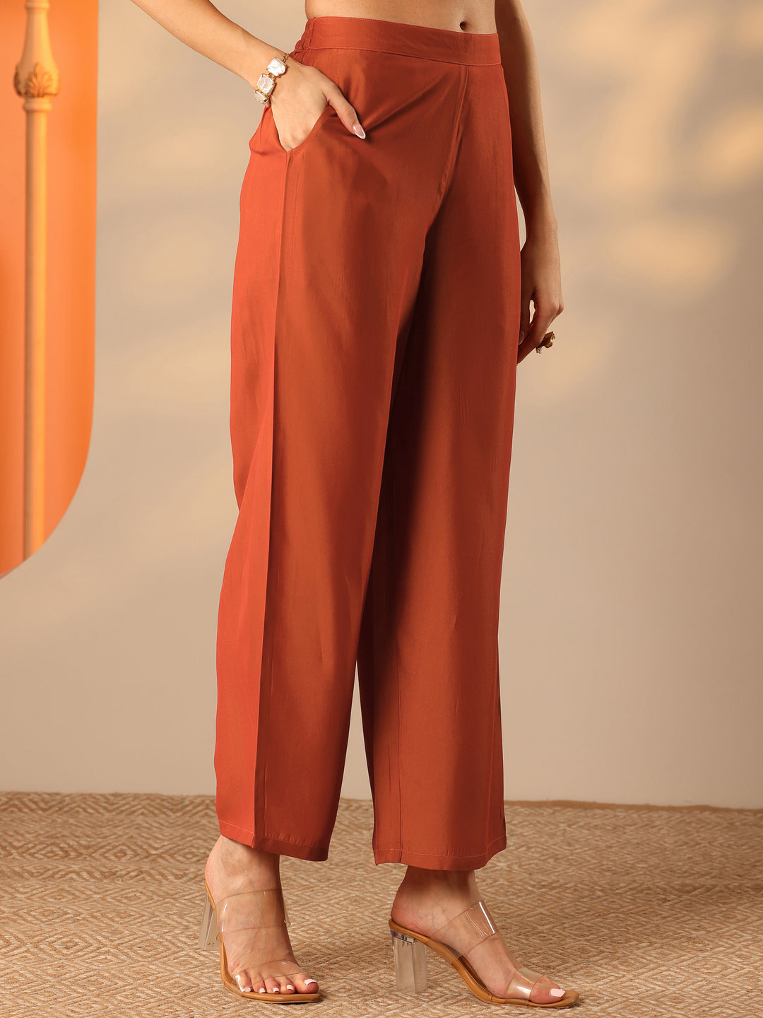  Rust Printed Silk Blend A-Line Kurta Set 