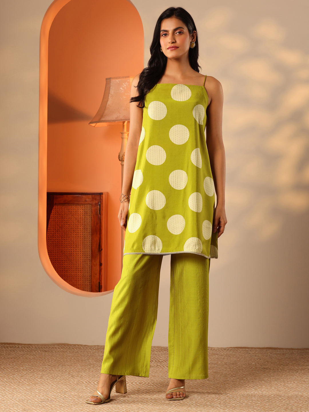  Green Printed Silk Blend Fit And Flare Kurta Set 