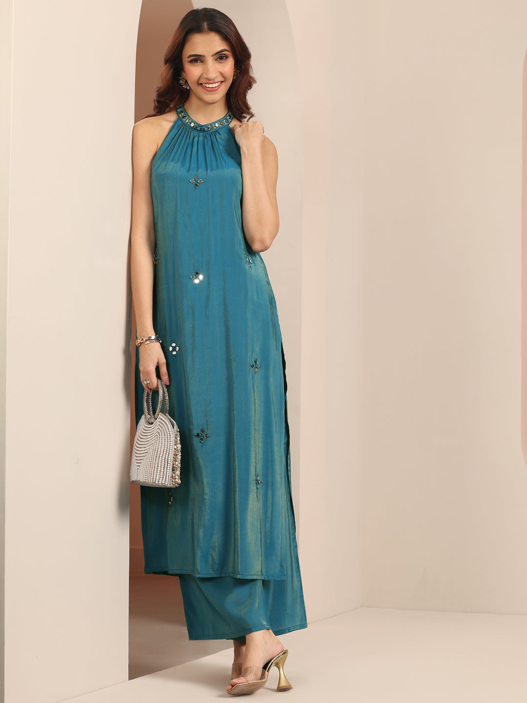  Teal Embellished Silk Blend Straight Kurta Set 
