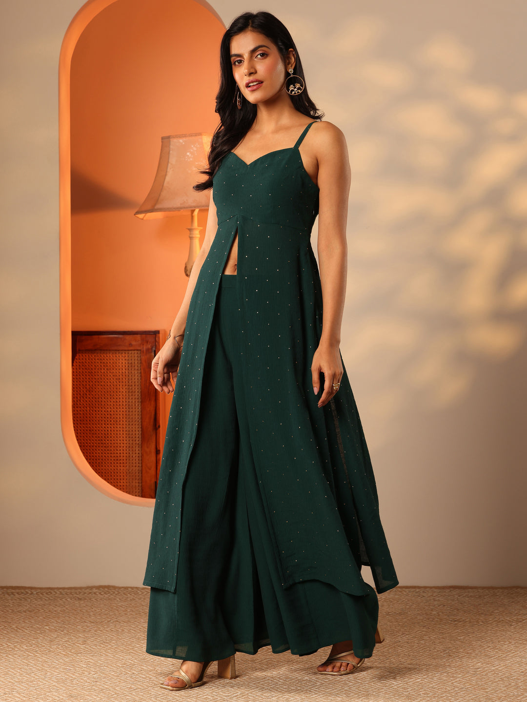  Green Embellished Silk Blend Fit And Flare Kurta Set 