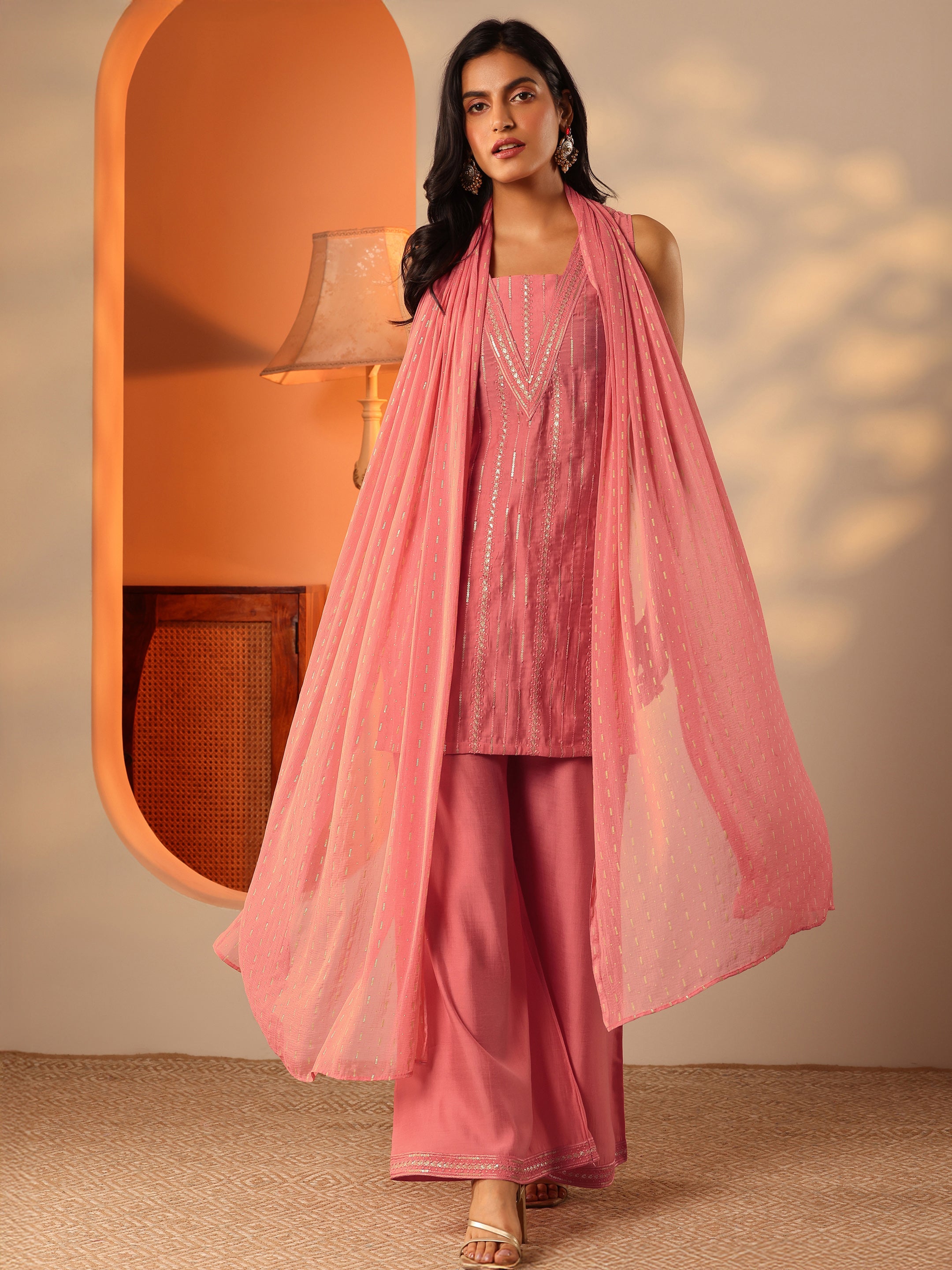 Peach Embroidered Silk Blend Straight Suit Set With Dupatta-image-35
