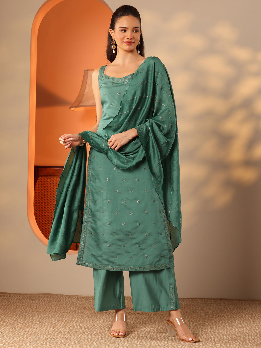  Green Embroidered Silk Blend Straight Suit Set With Dupatta 