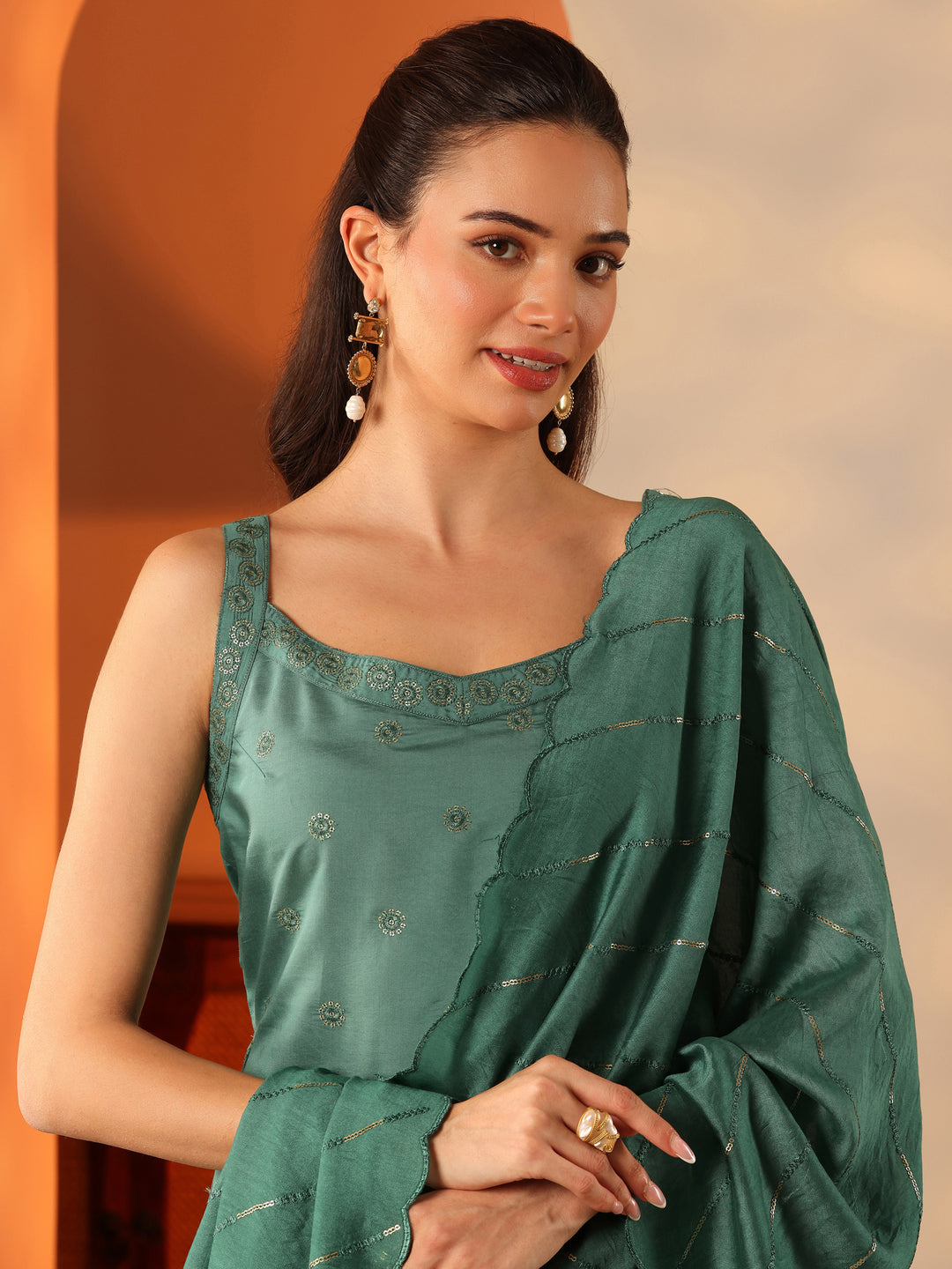  Green Embroidered Silk Blend Straight Suit Set With Dupatta 