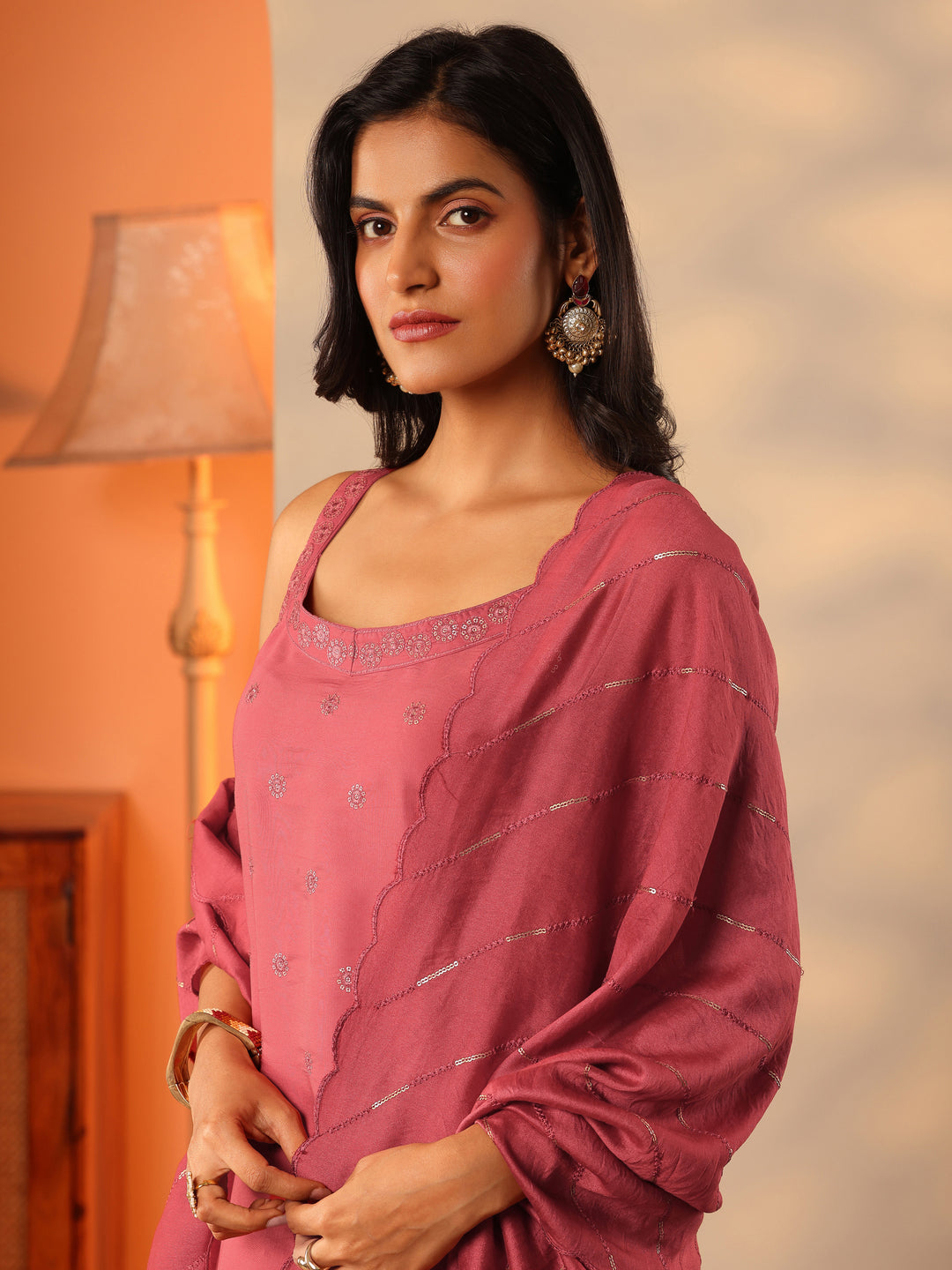  Peach Embroidered Silk Blend Straight Suit Set With Dupatta 