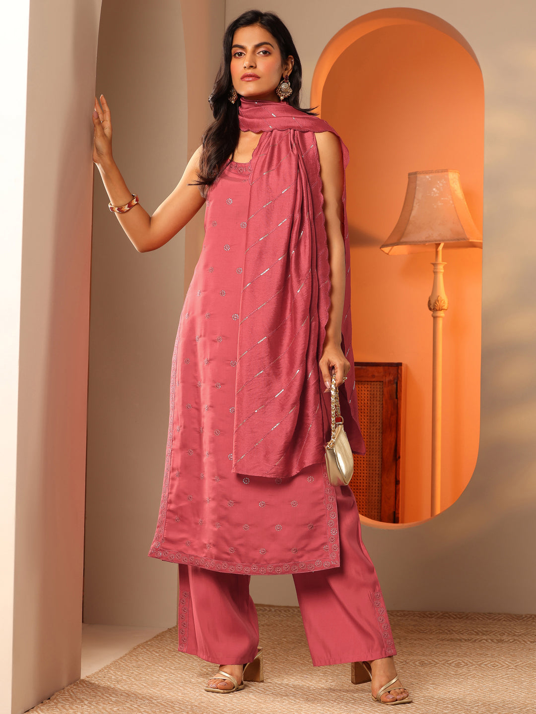Peach Embroidered Silk Blend Straight Suit Set With Dupatta