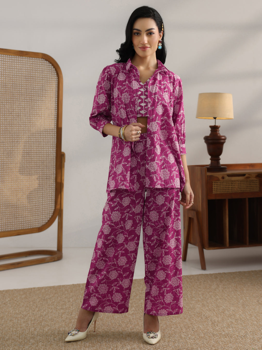  Pink Printed Cotton 3 Piece Co-Ord Set 