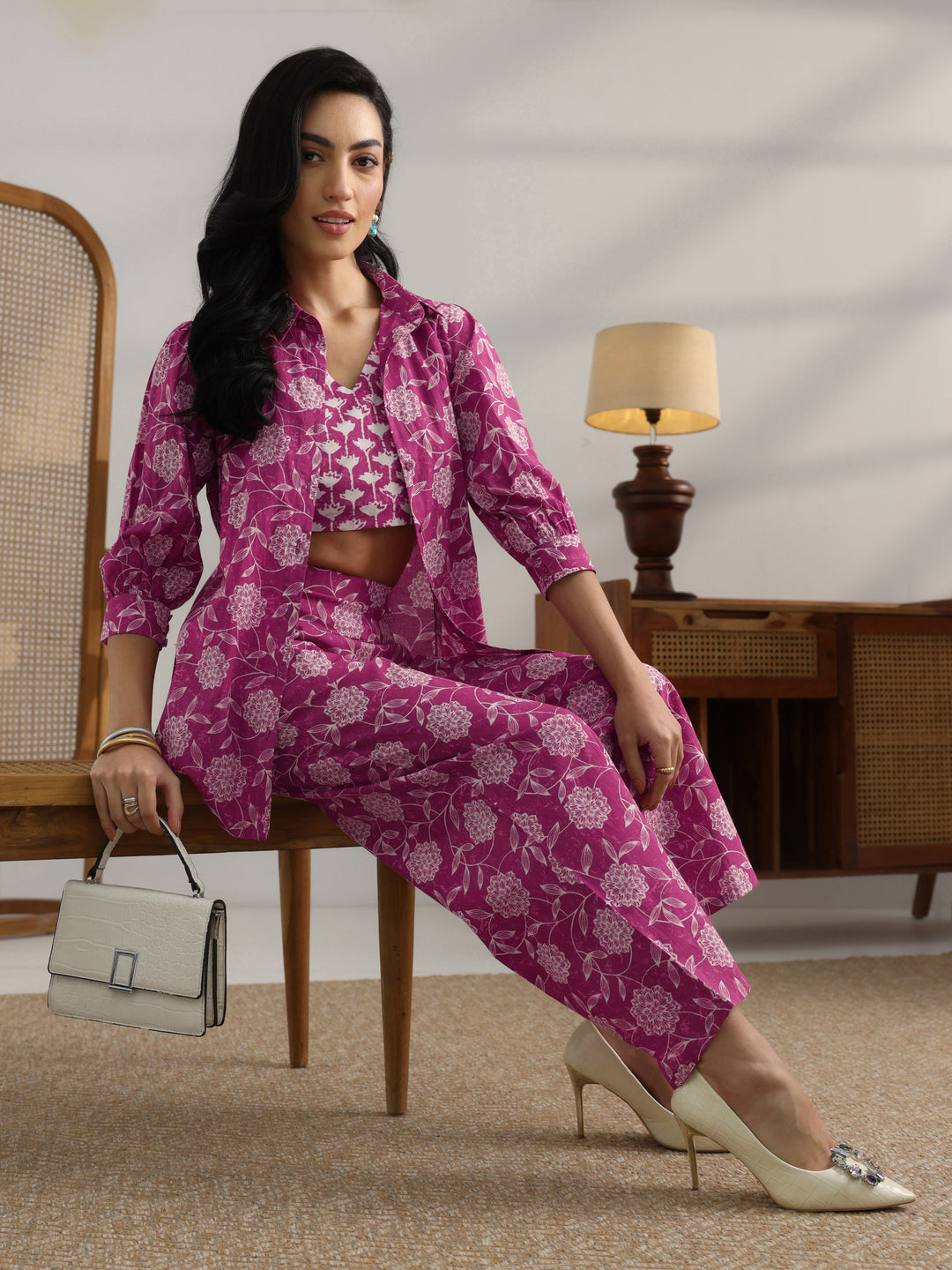  Pink Printed Cotton 3 Piece Co-Ord Set 