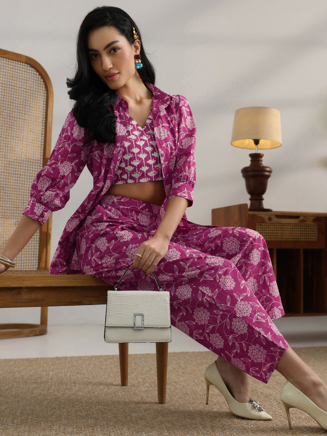  Pink Printed Cotton 3 Piece Co-Ord Set 
