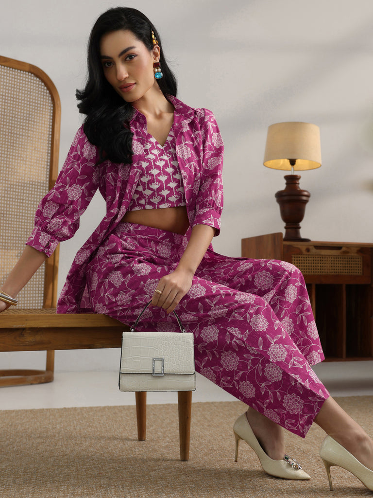 Libas Pink Printed Cotton 3 Piece Co-Ord Set