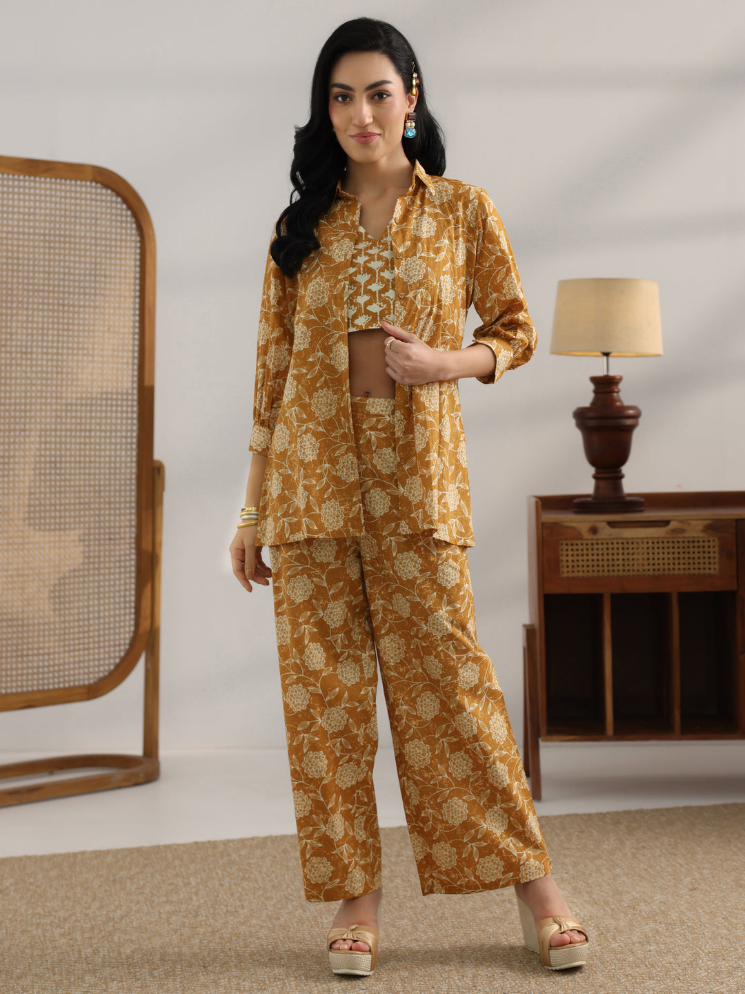  Mustard Printed Cotton 3 Piece Co-Ord Set 