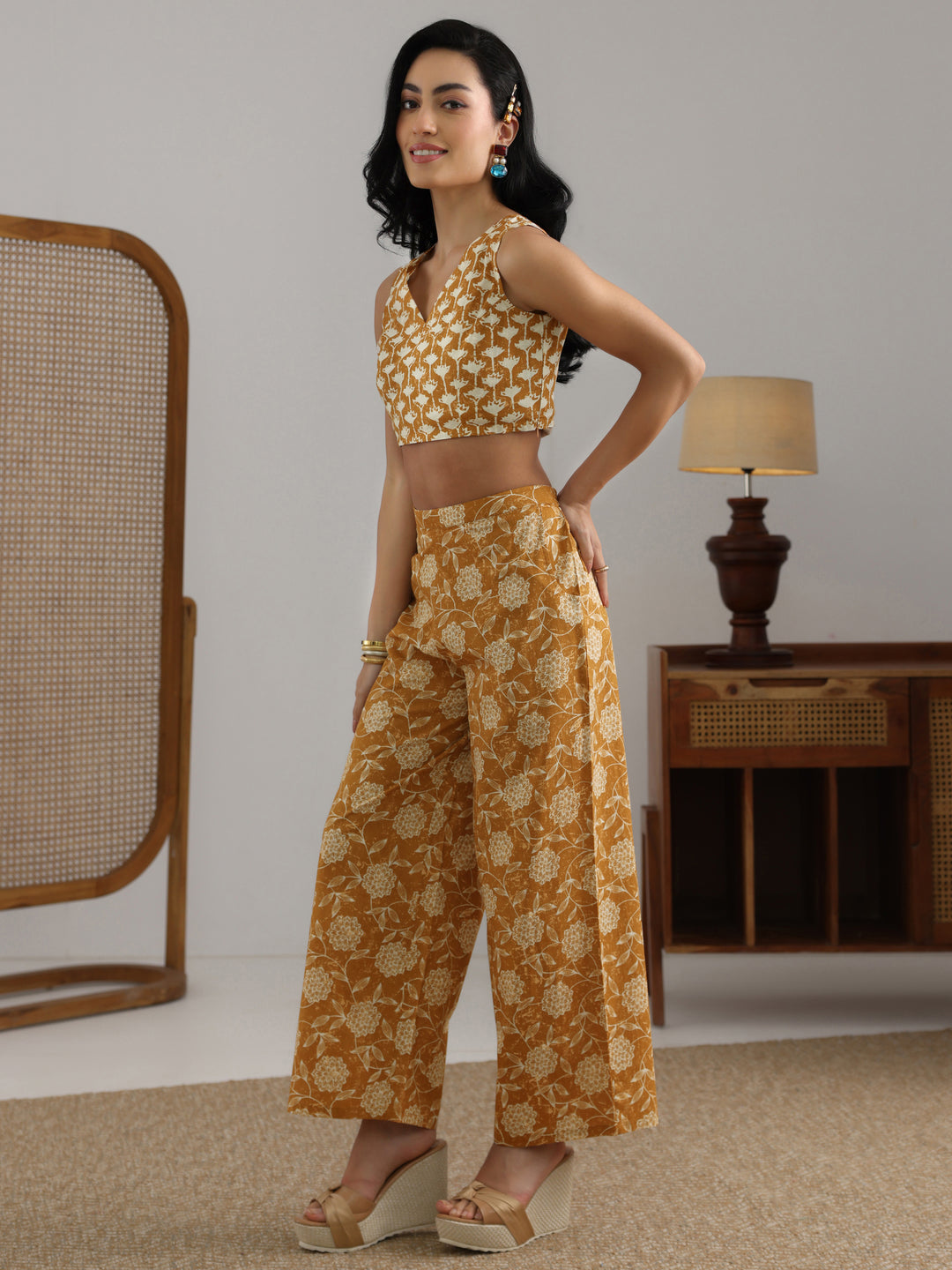  Mustard Printed Cotton 3 Piece Co-Ord Set 
