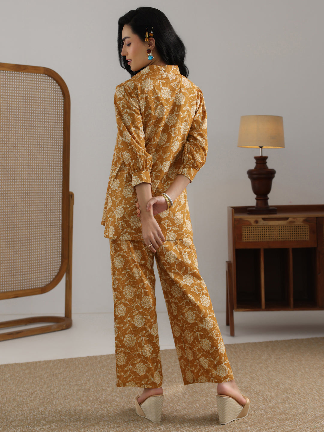  Mustard Printed Cotton 3 Piece Co-Ord Set 