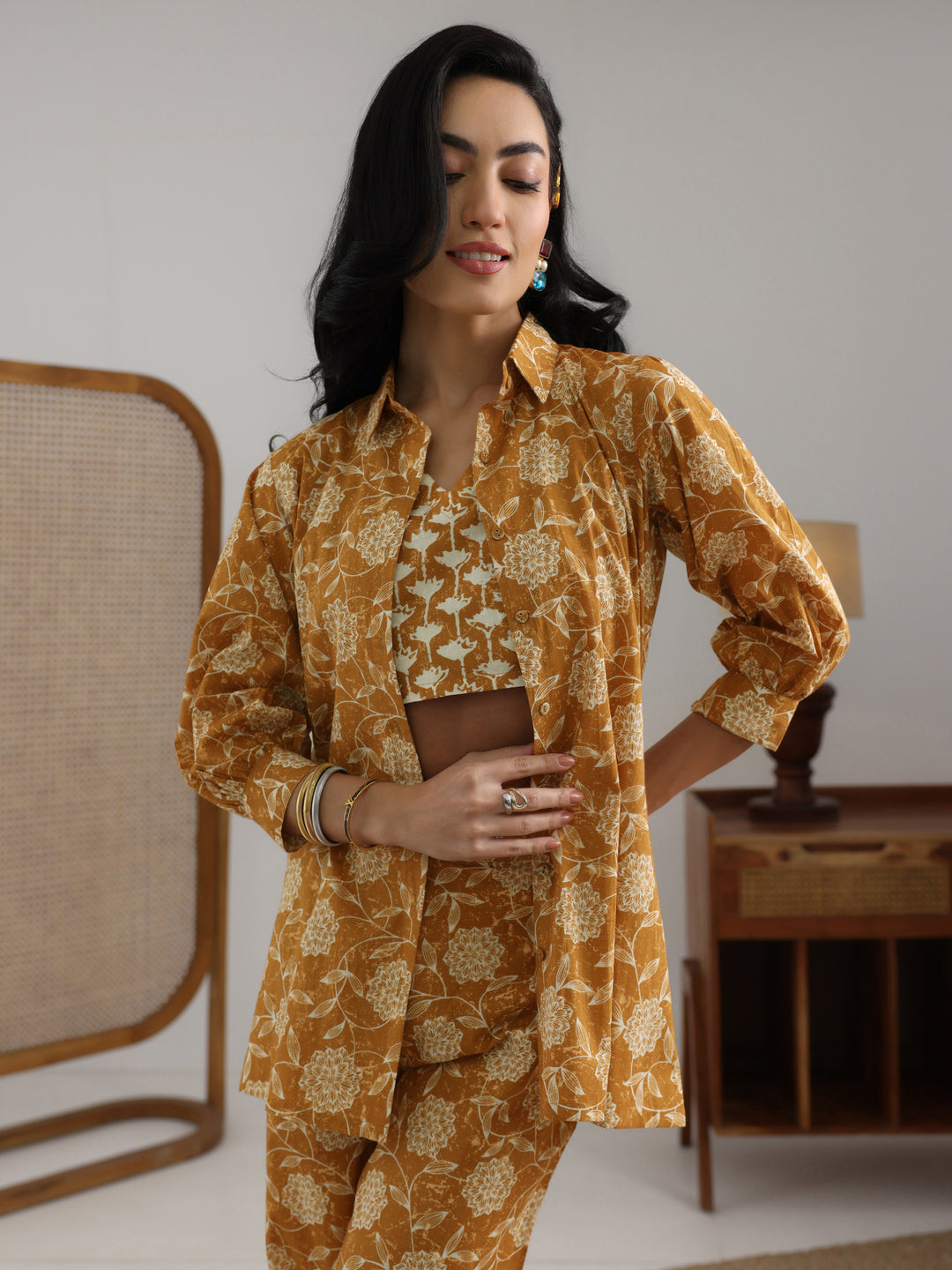  Mustard Printed Cotton 3 Piece Co-Ord Set 