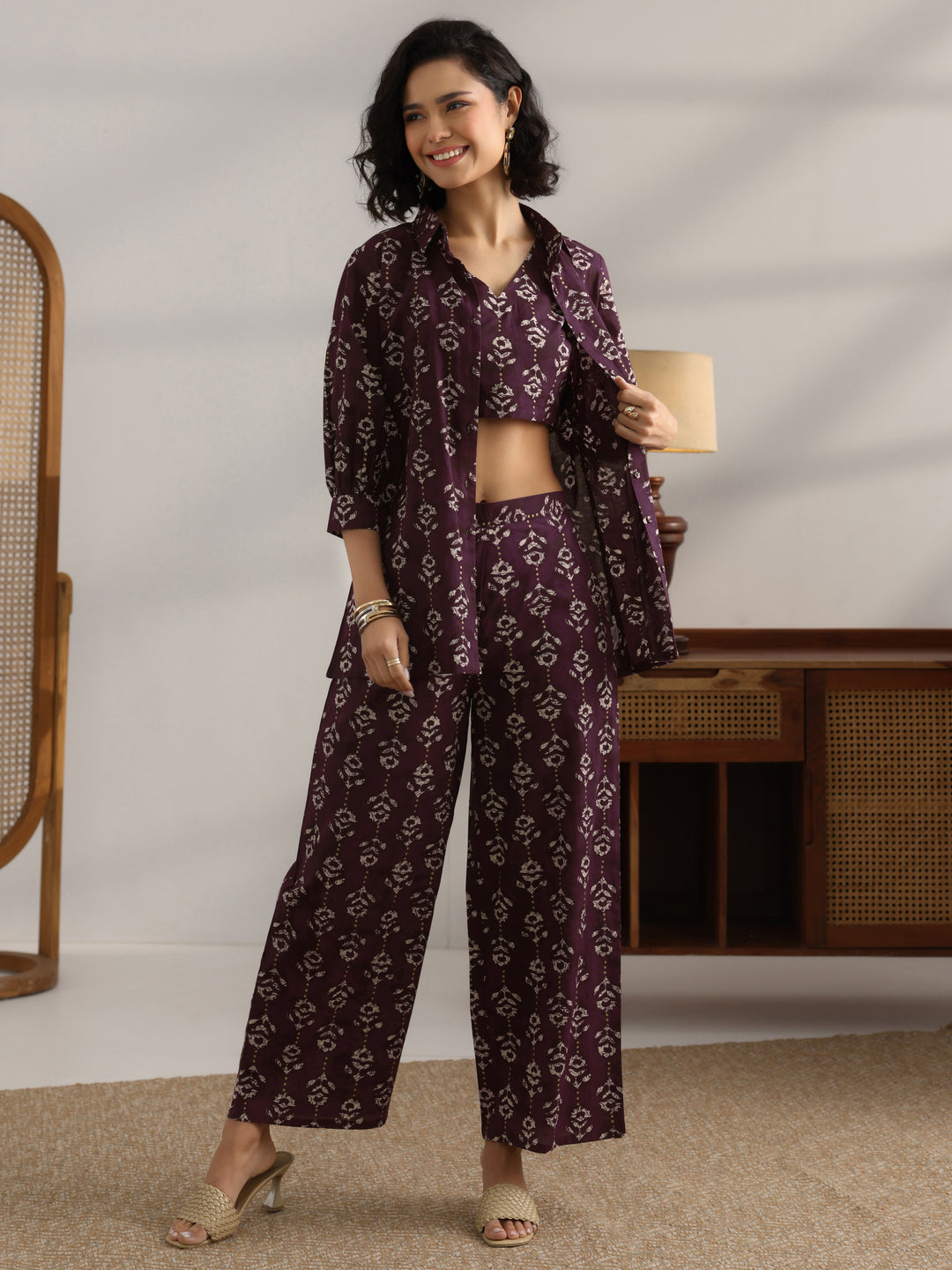  Burgundy  Printed Cotton 3 Piece Co-Ord Set 